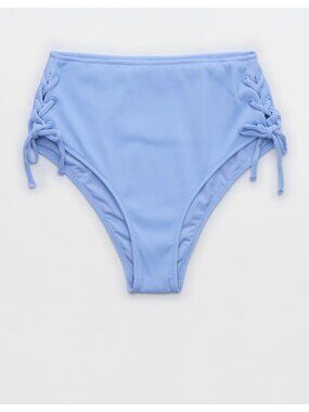 AERIE The Cheeks Ribbed Bikini Bottoms Sz M Sky Blue High Waist Cheeky Side Ties